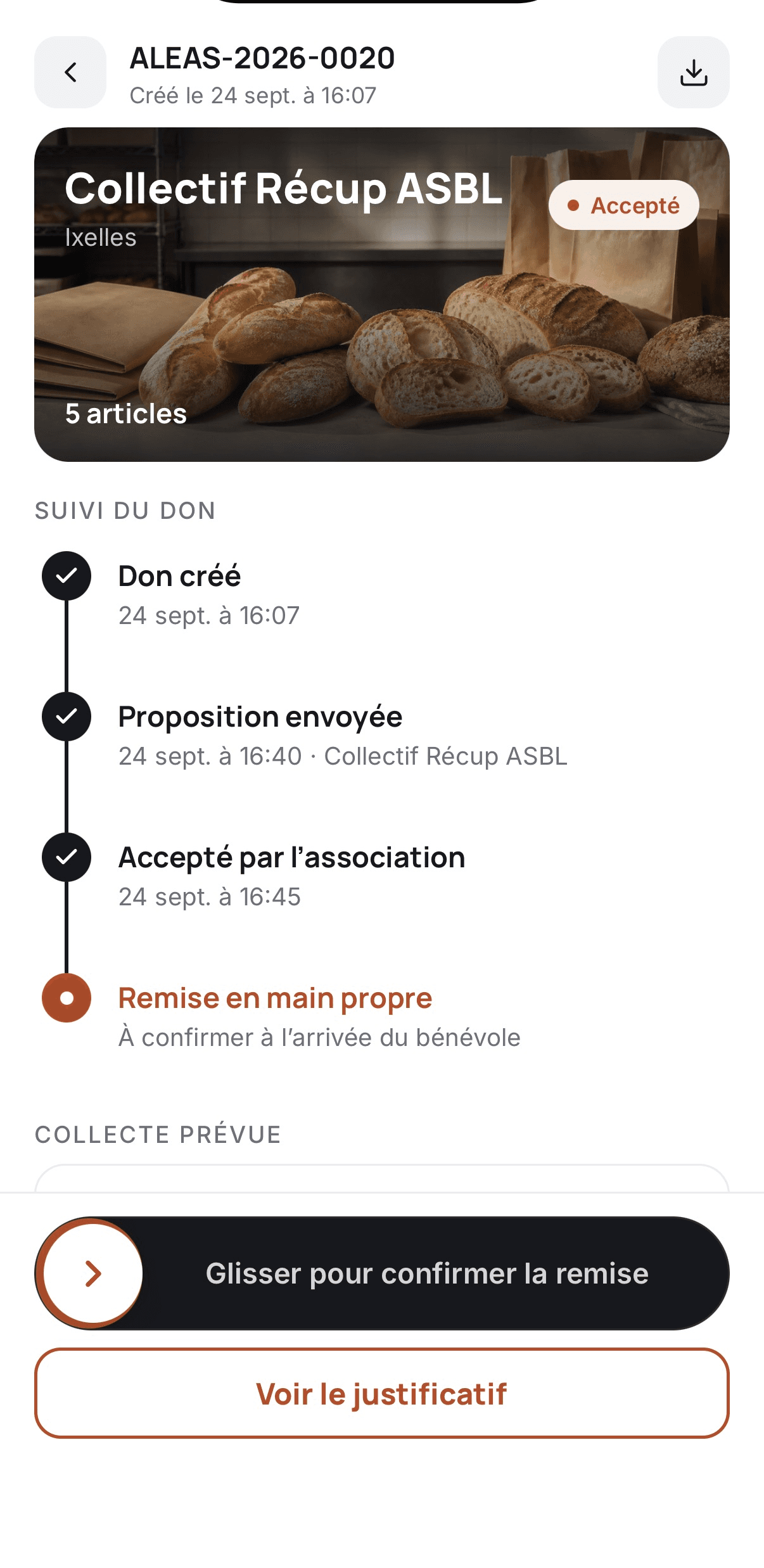 Confirmation de la remise d'un don à Collectif Récup ASBL