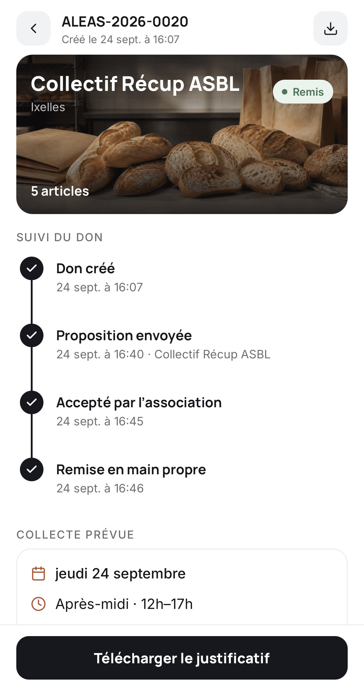 Téléchargement du justificatif d'un don remis dans l'app Aleas
