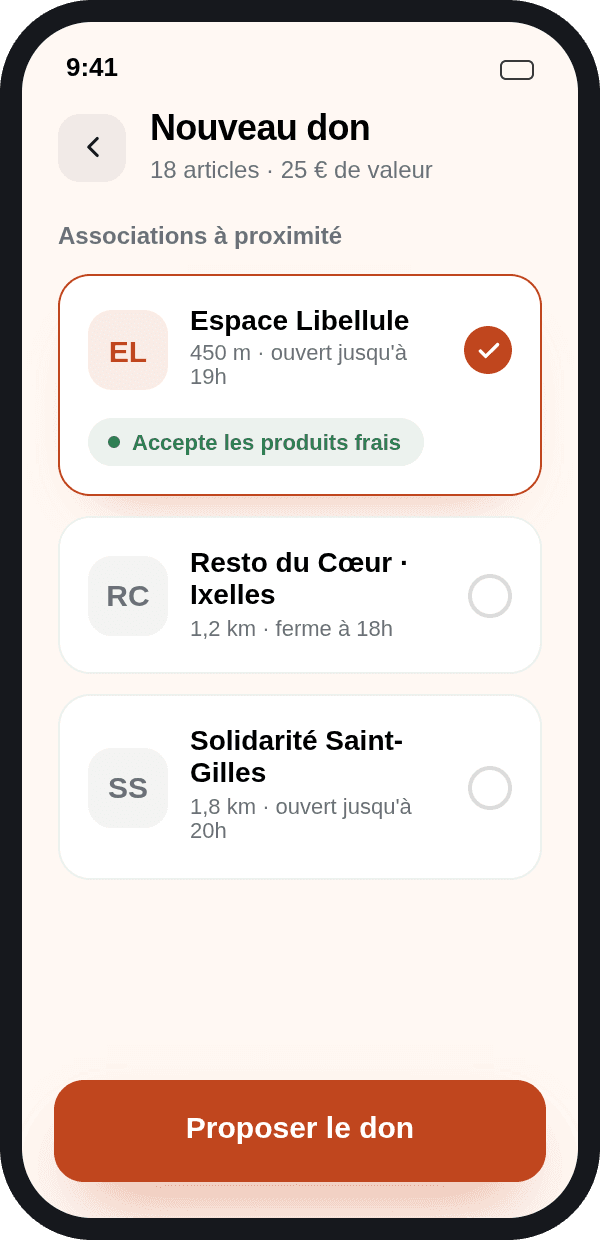 Écran sélection association dans l'app Aleas