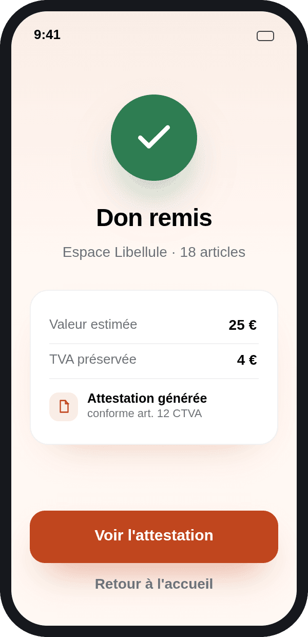 Écran confirmation de remise dans l'app Aleas