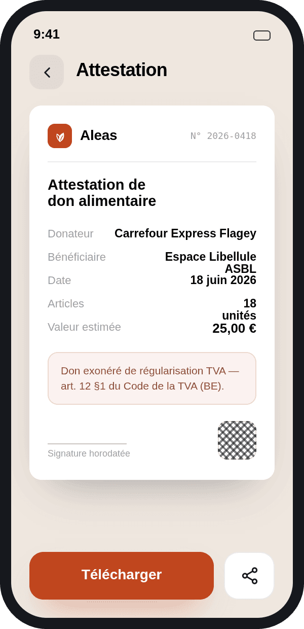 Écran attestation fiscale générée par l'app Aleas